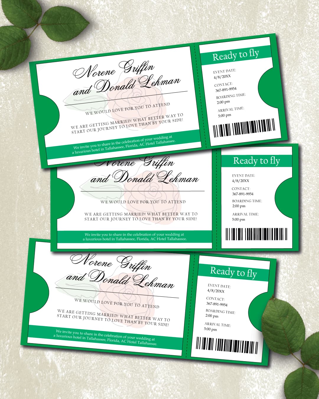 Tickle Flower on Green Boarding Pass Wedding Invitations