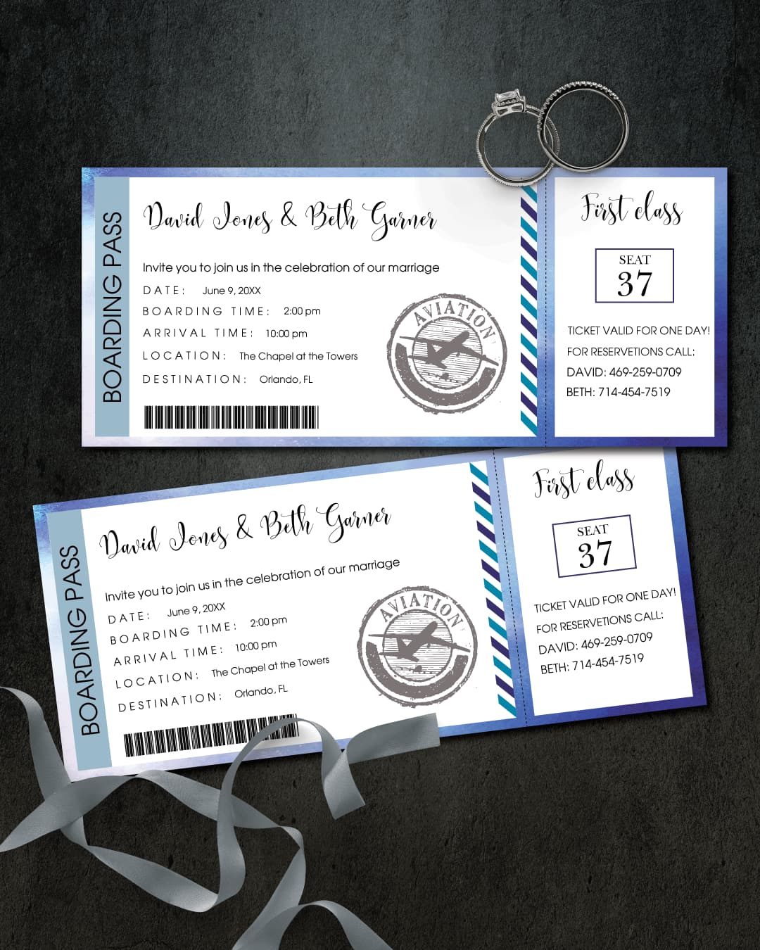 Blue Gradient Ticket Boarding Pass Wedding Invitations