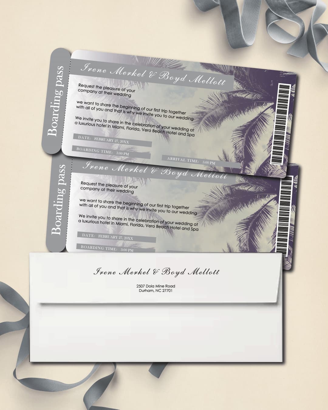 Winter Palm Tree Boarding Pass Wedding Invitations