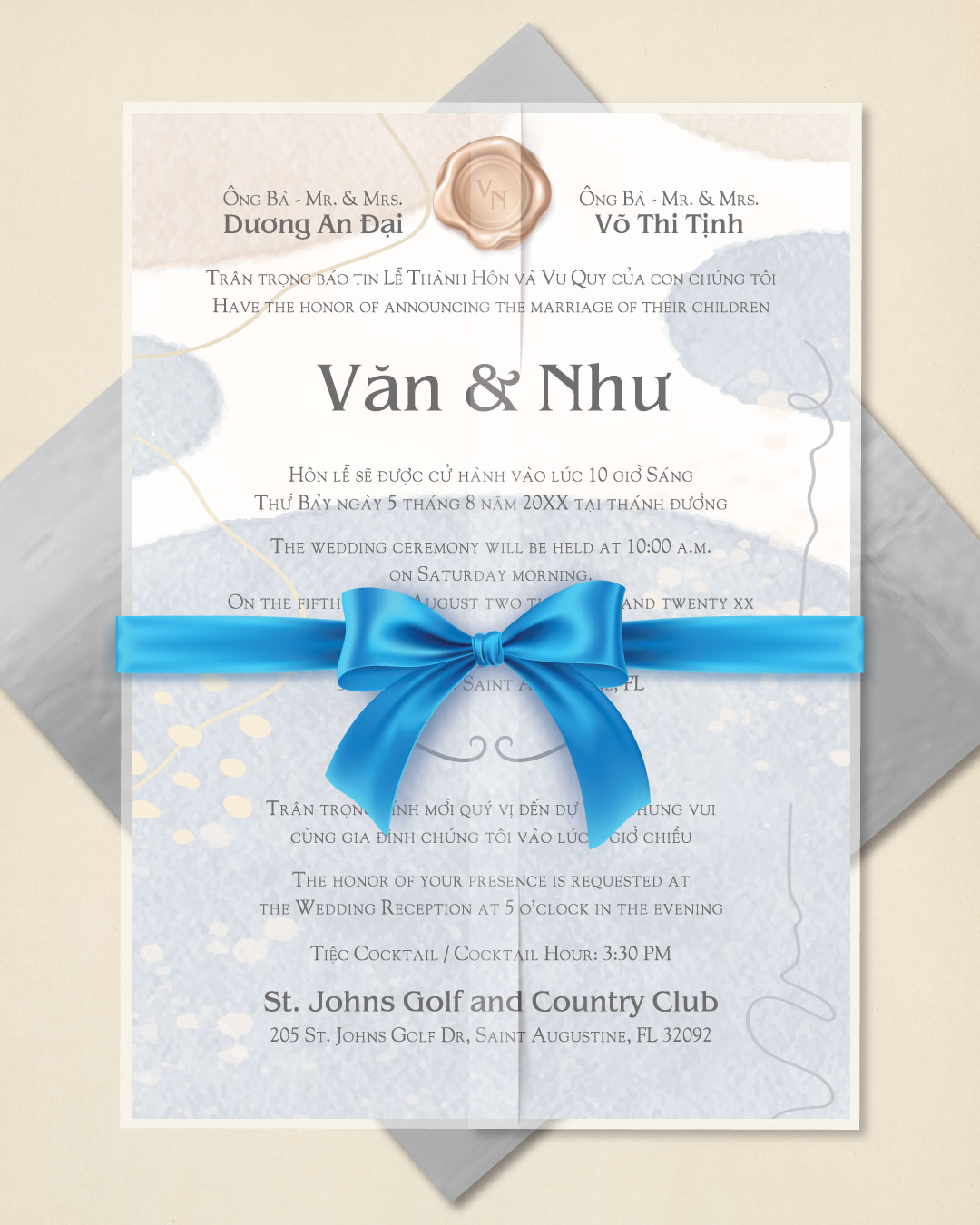 Watercolor Hand Drawn Vellum Wrapped Vietnamese & English Wedding Invitation 2