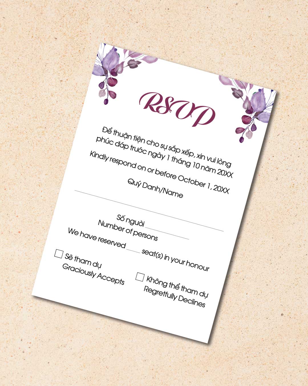 Purple Text and Leaves Vellum Wrapped Vietnamese & English Wedding Invitation 5