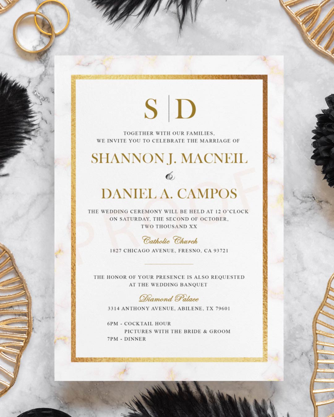 Luxurious Gilt Border Simple Flat 5x7 Wedding Invitation 1