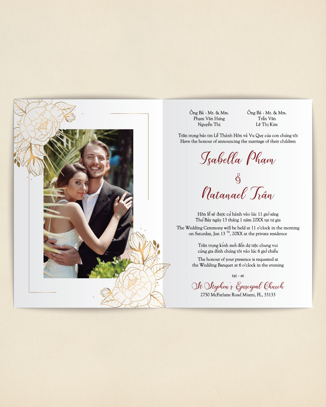 Floral Red Gold Half Fold Wedding Invitation 2
