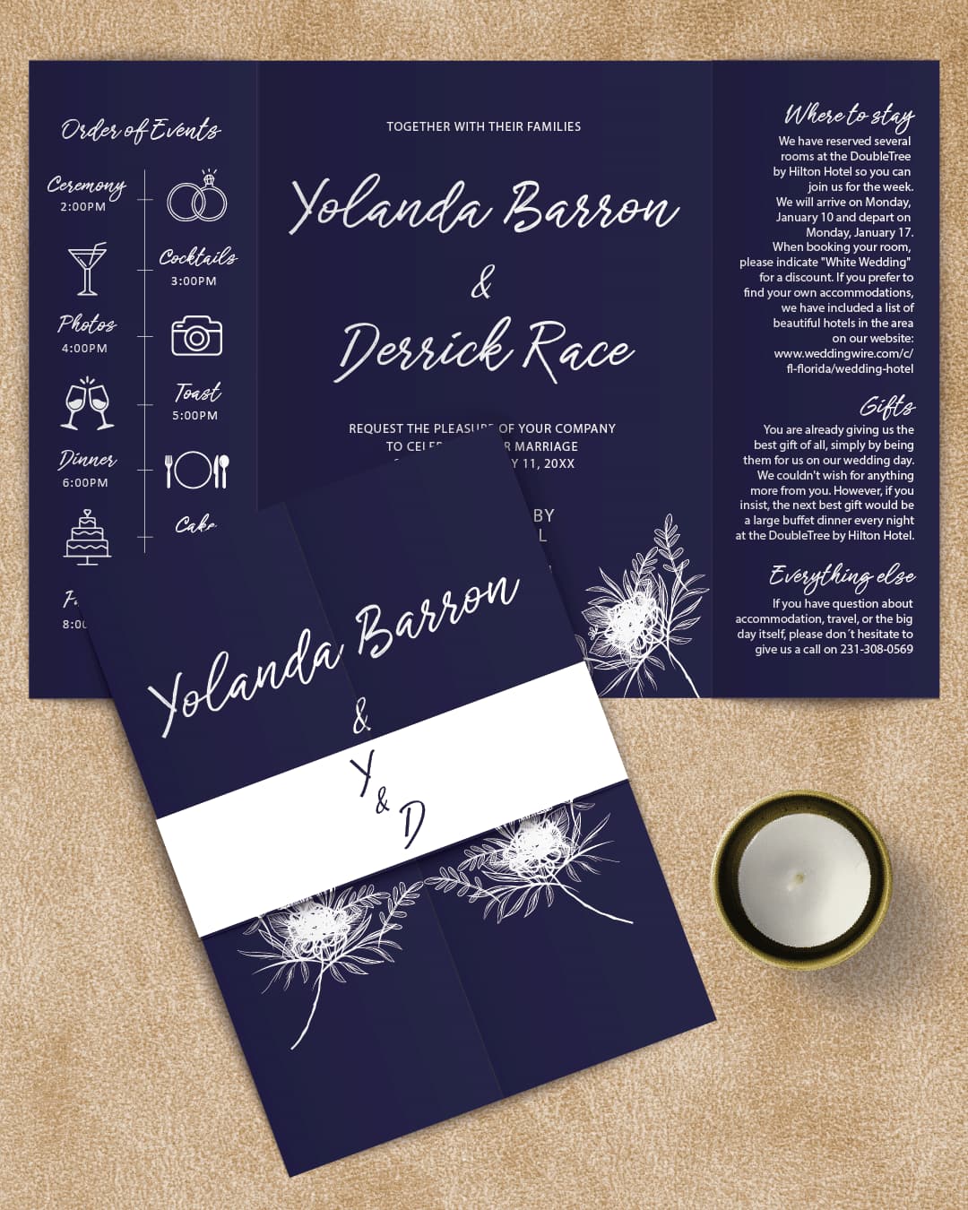 White Flower Lineart 5x7 Gate Fold Wedding Invitation