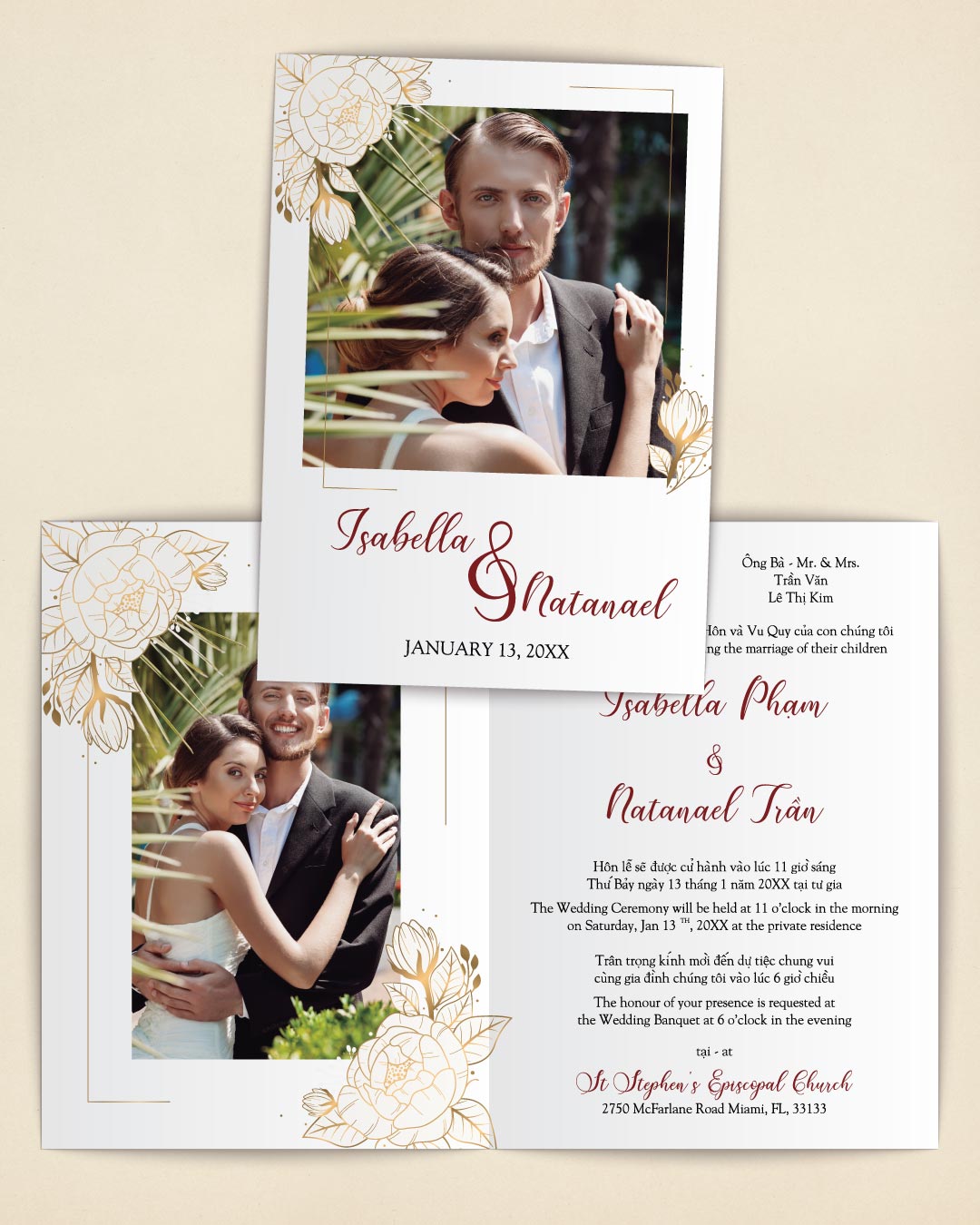 Floral Red Gold Half Fold Wedding Invitation 1