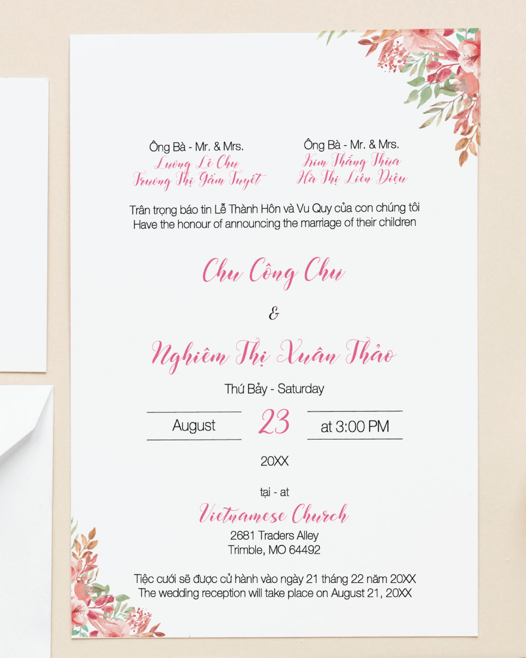 Blush Bloom Simple Flat 5x7 Wedding Invitation 2