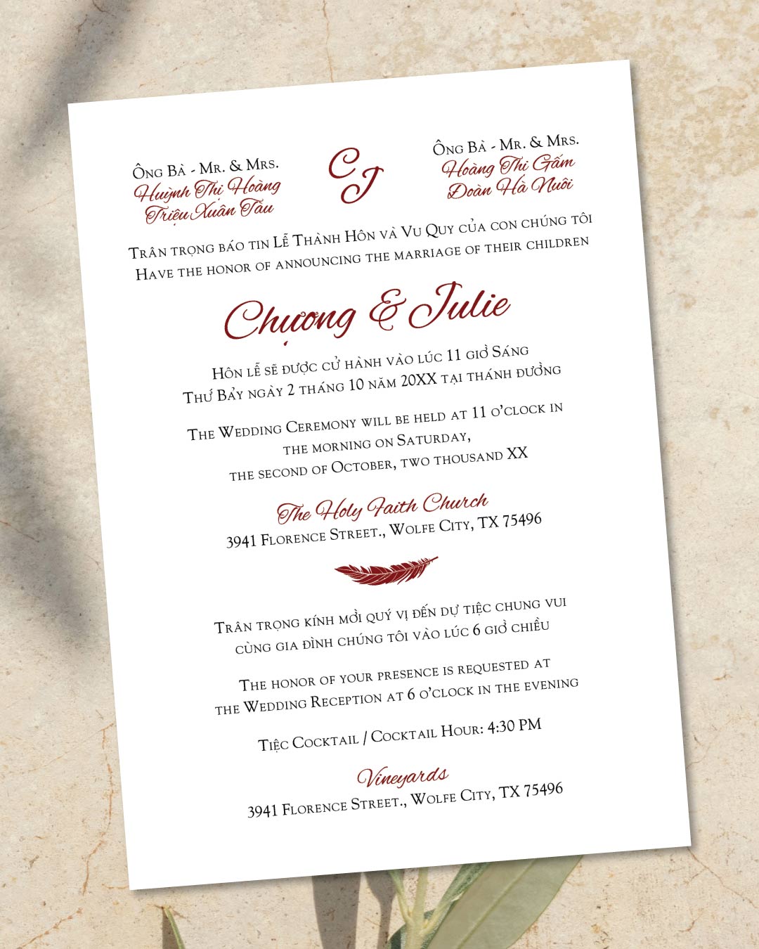 Crimson Classic Design Simple Flat 5x7 Wedding Invitation 2