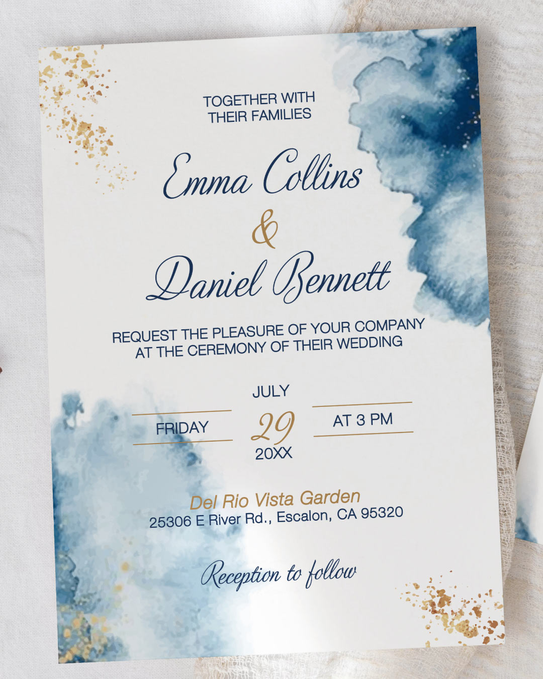 Blue and Gold Dreams Simple Flat 5x7 Wedding Invitation 2