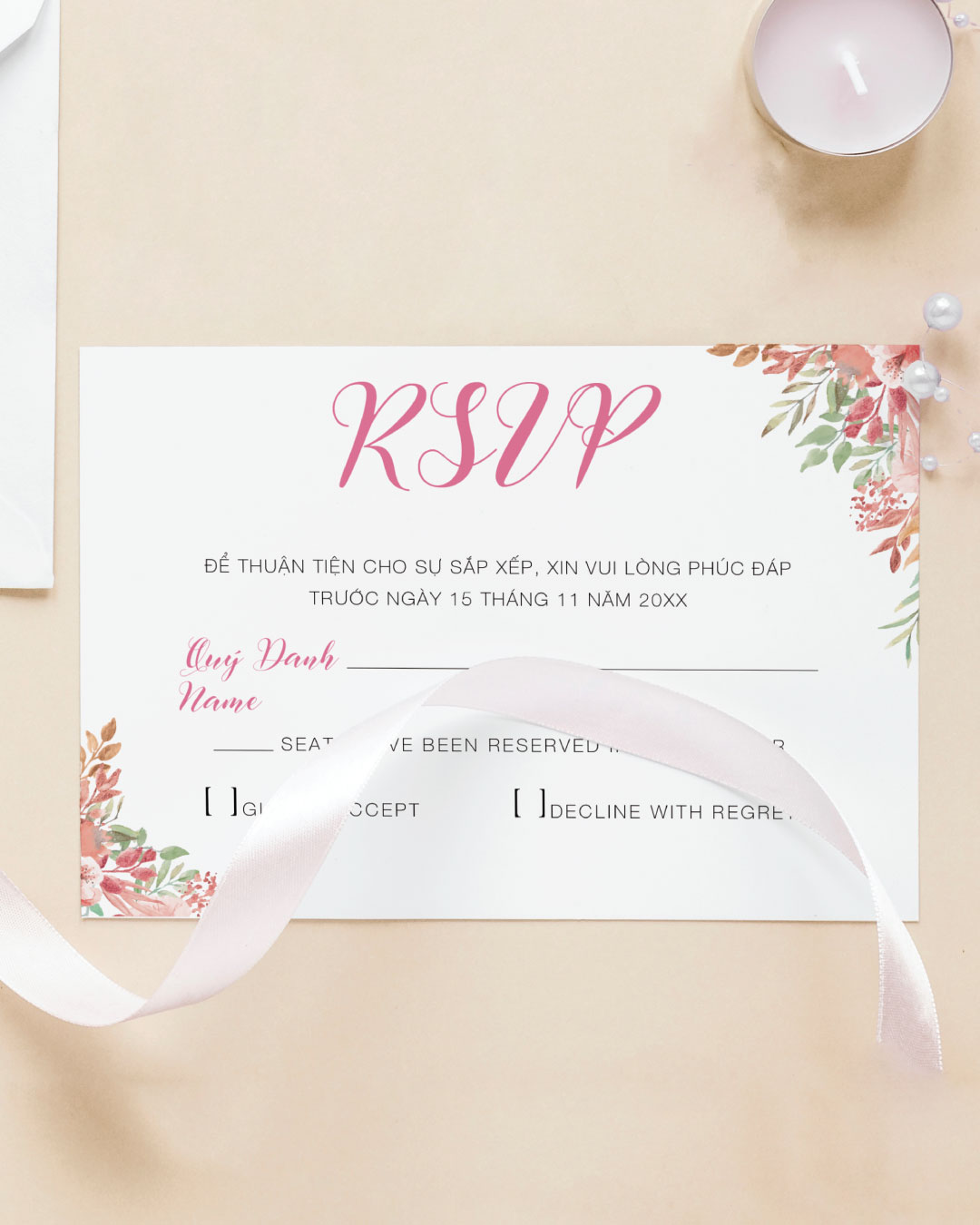 Blush Bloom Simple Flat 5x7 Wedding Invitation 3