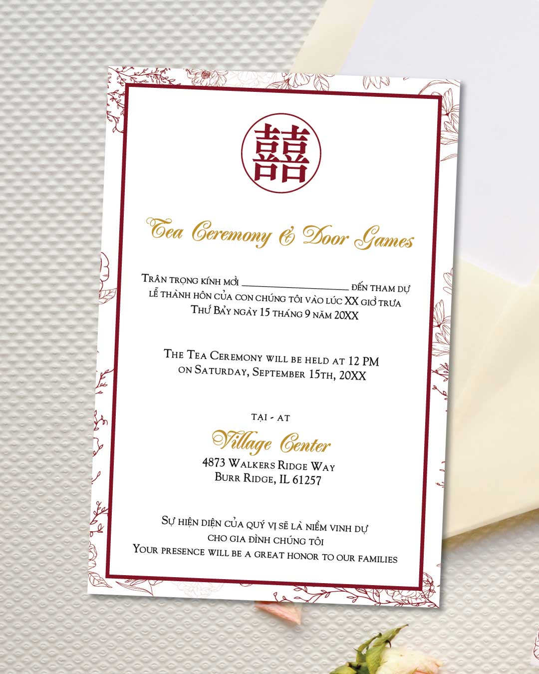 Double Happiness Simple Flat 5x7 Wedding Invitation 3