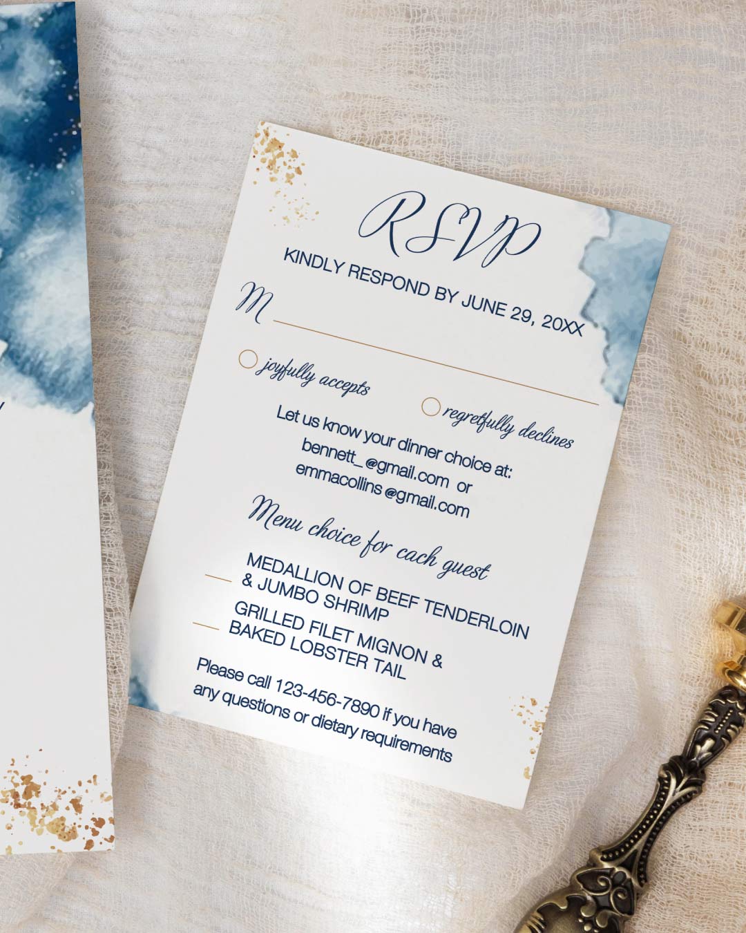 Blue and Gold Dreams Simple Flat 5x7 Wedding Invitation 3