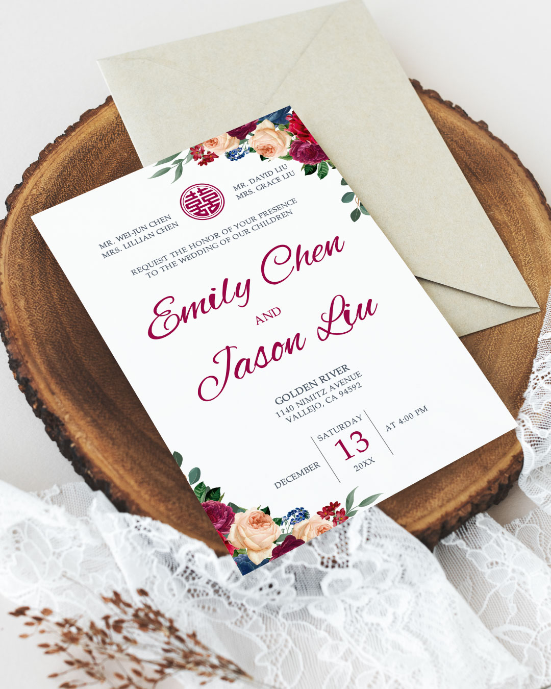 Classic Roses Arragement A7 Sleeve Pocket Wedding Invitation 2