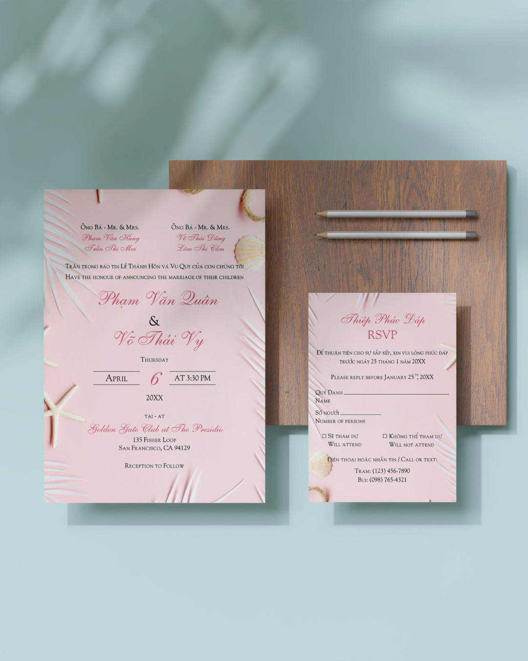 Blush Sea Elegance Simple Flat 5x7 Wedding Invitation 1