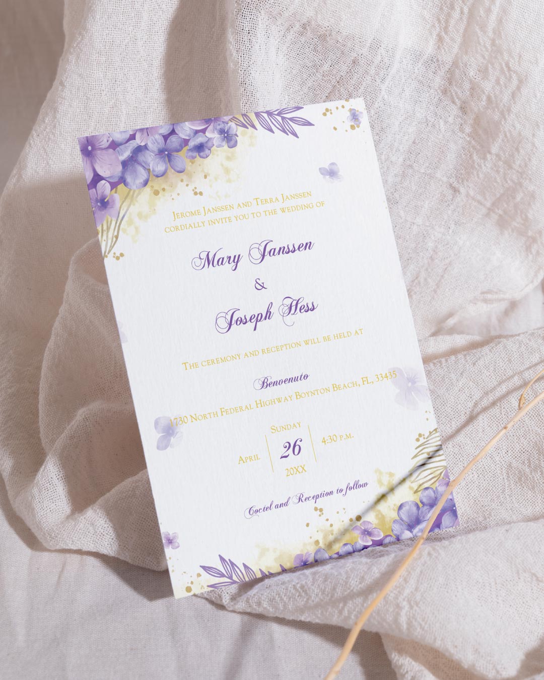 Violet Golden Bloom Simple Flat 5x7 Wedding Invitation 1