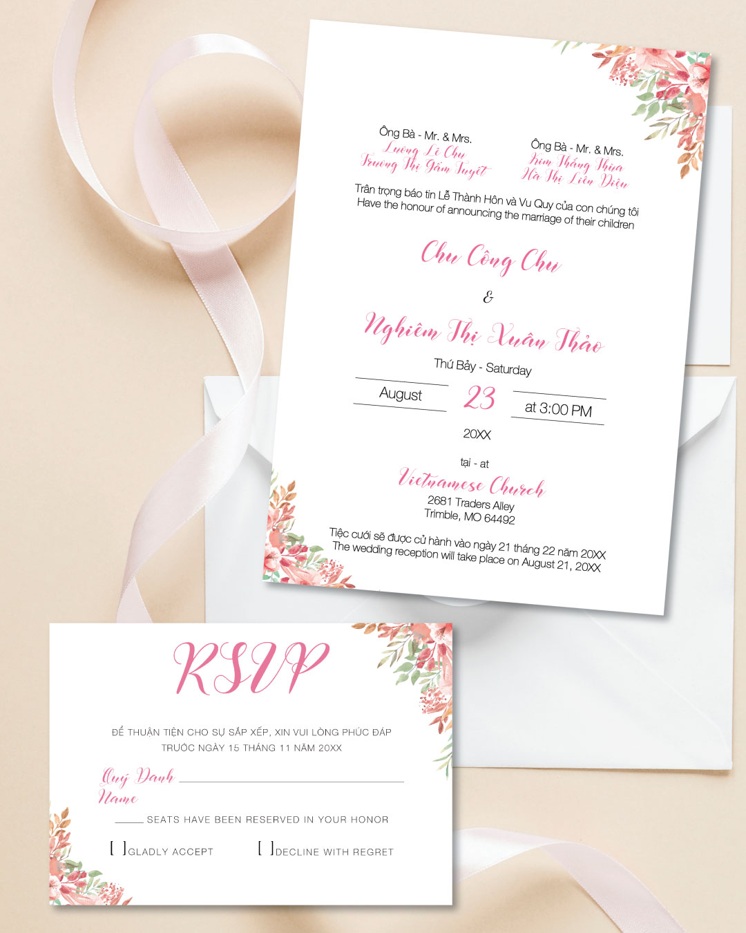 Blush Bloom Simple Flat 5x7 Wedding Invitation 1