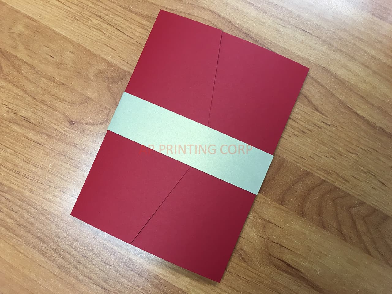 O2P-57-N-N-Band Red, Natural, Gold Leaf Bilingual Wedding Invitation