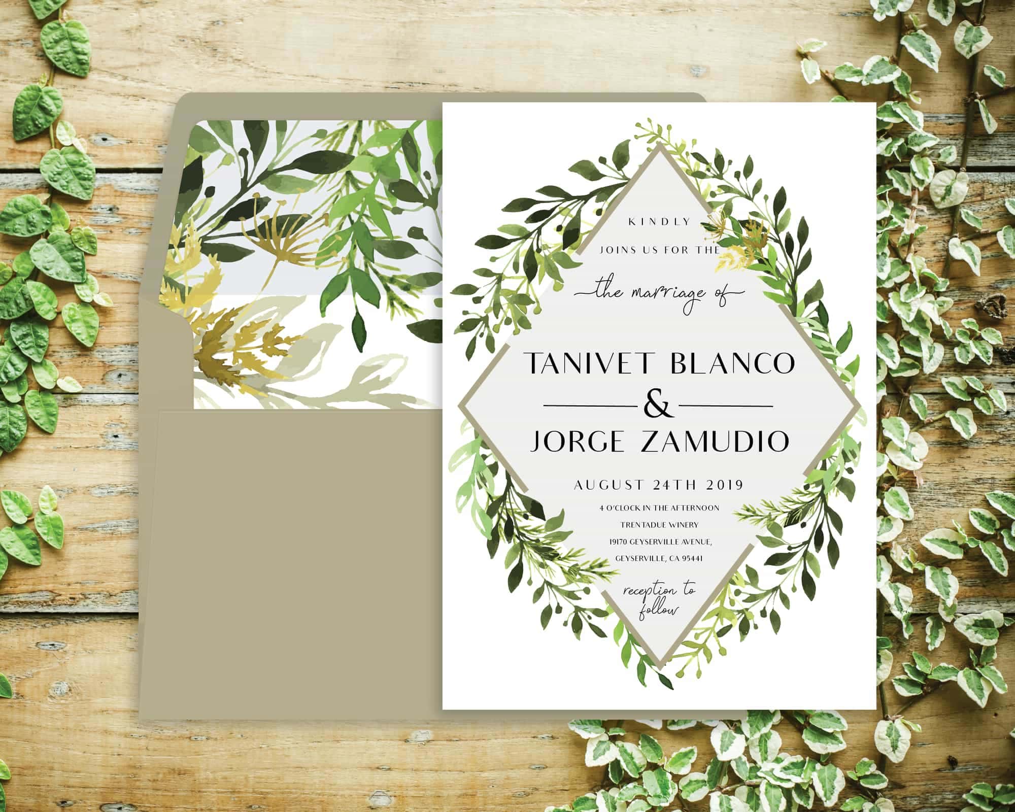 Green Leaves Diamond Elegant Wedding Invitations