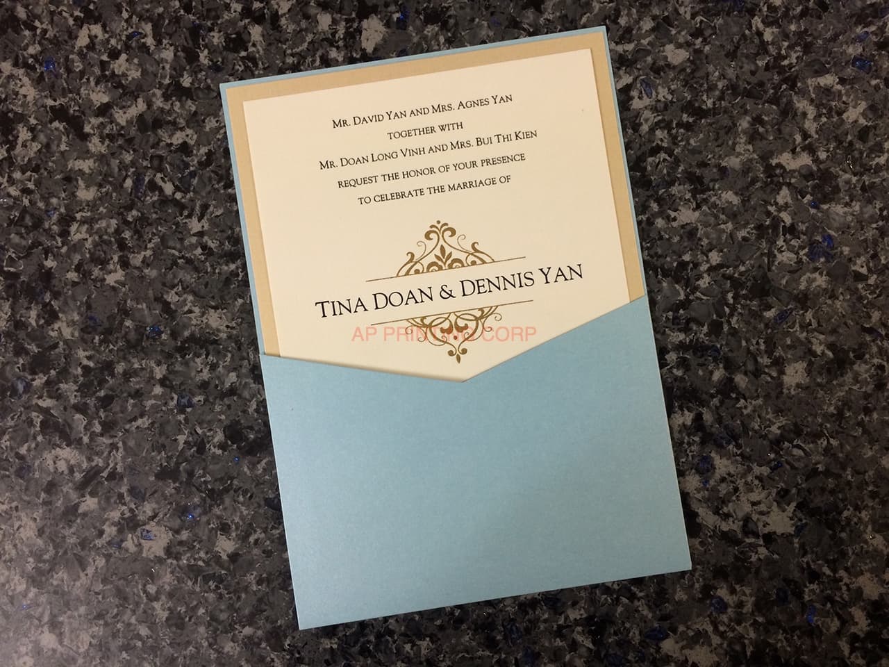 SLIDER-57-NMN Blue, Gold Linen, Natural Linen Pocket & Folder Invitation