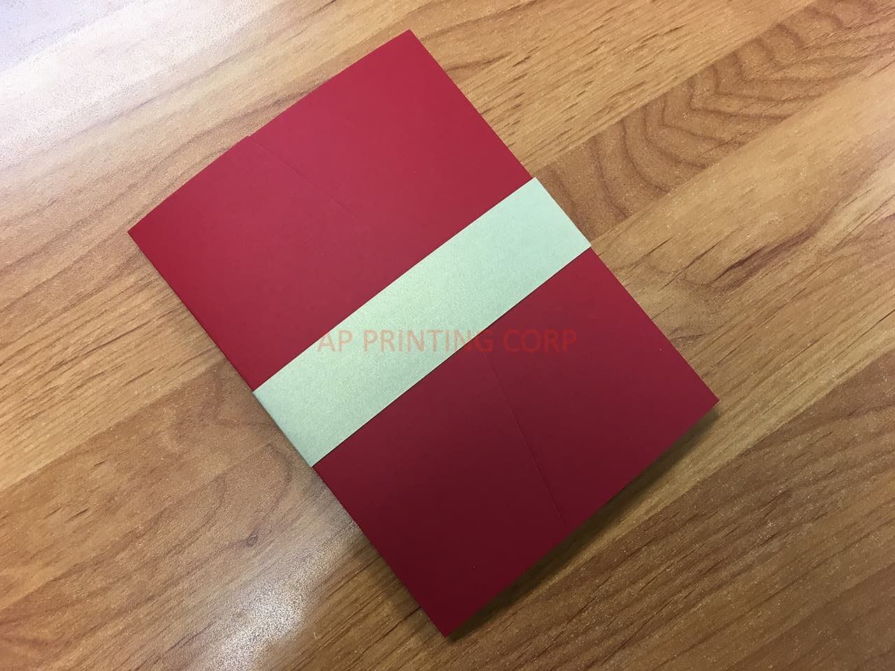 O2P-57-N-N-Band Red, Natural, Gold Leaf Bilingual Wedding Invitation