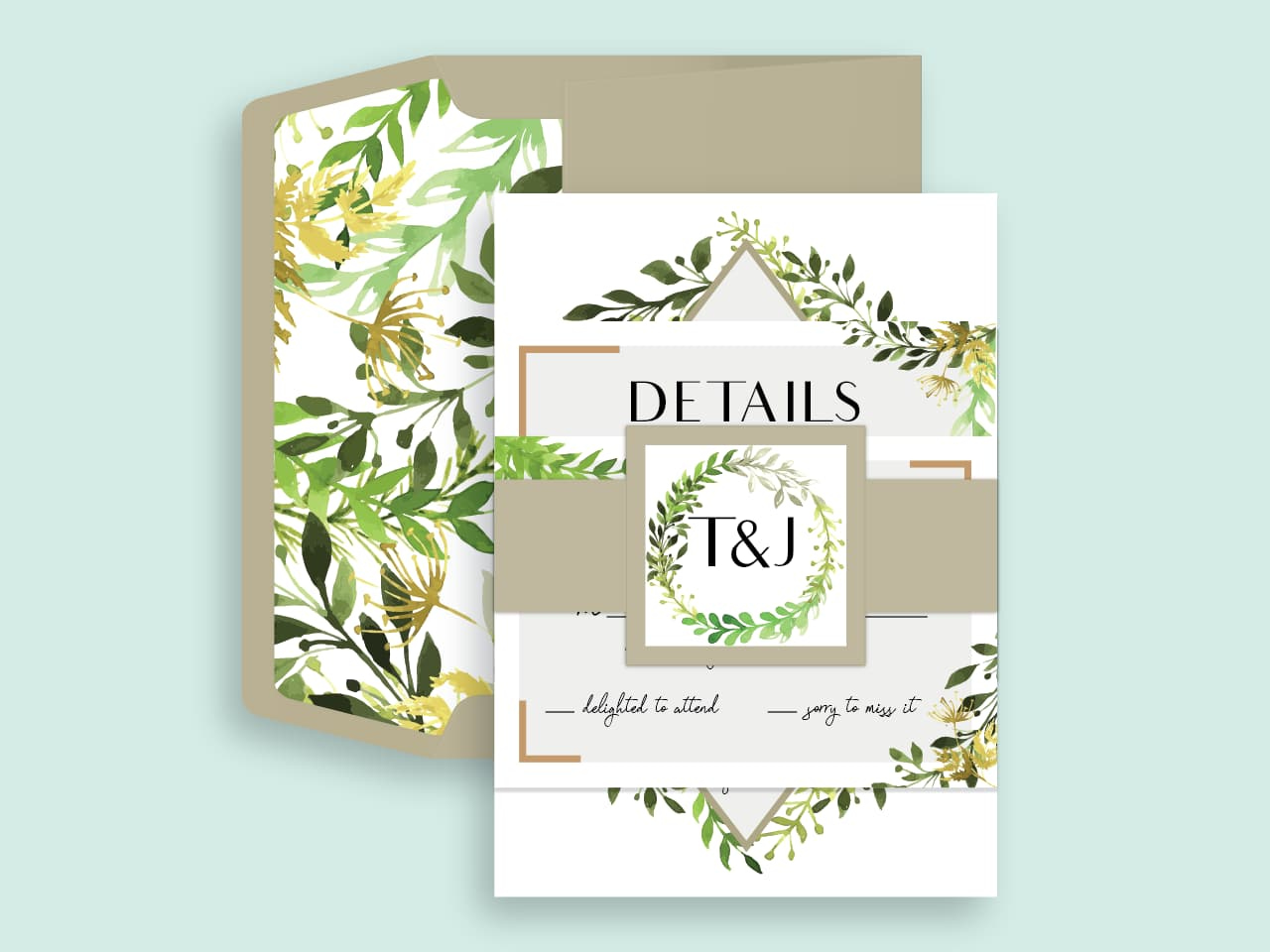 Green Leaves Diamond Elegant Wedding Invitations