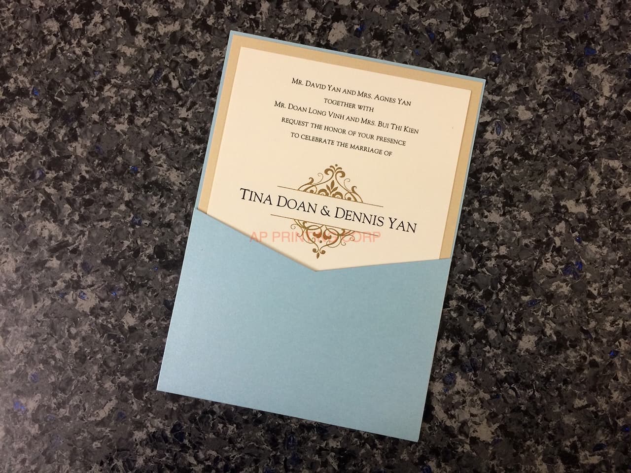 SLIDER-57-NMN Blue, Gold Linen, Natural Linen Pocket & Folder Invitation