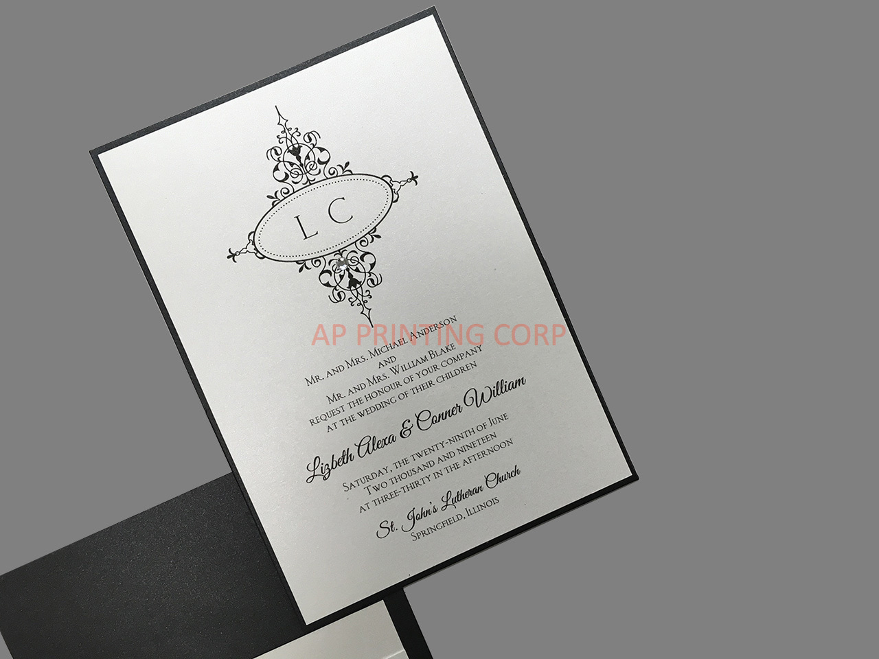 Monogram Flourish, Black Pocket, White Shimmer [CC-81] Pocket & Folder Invitation