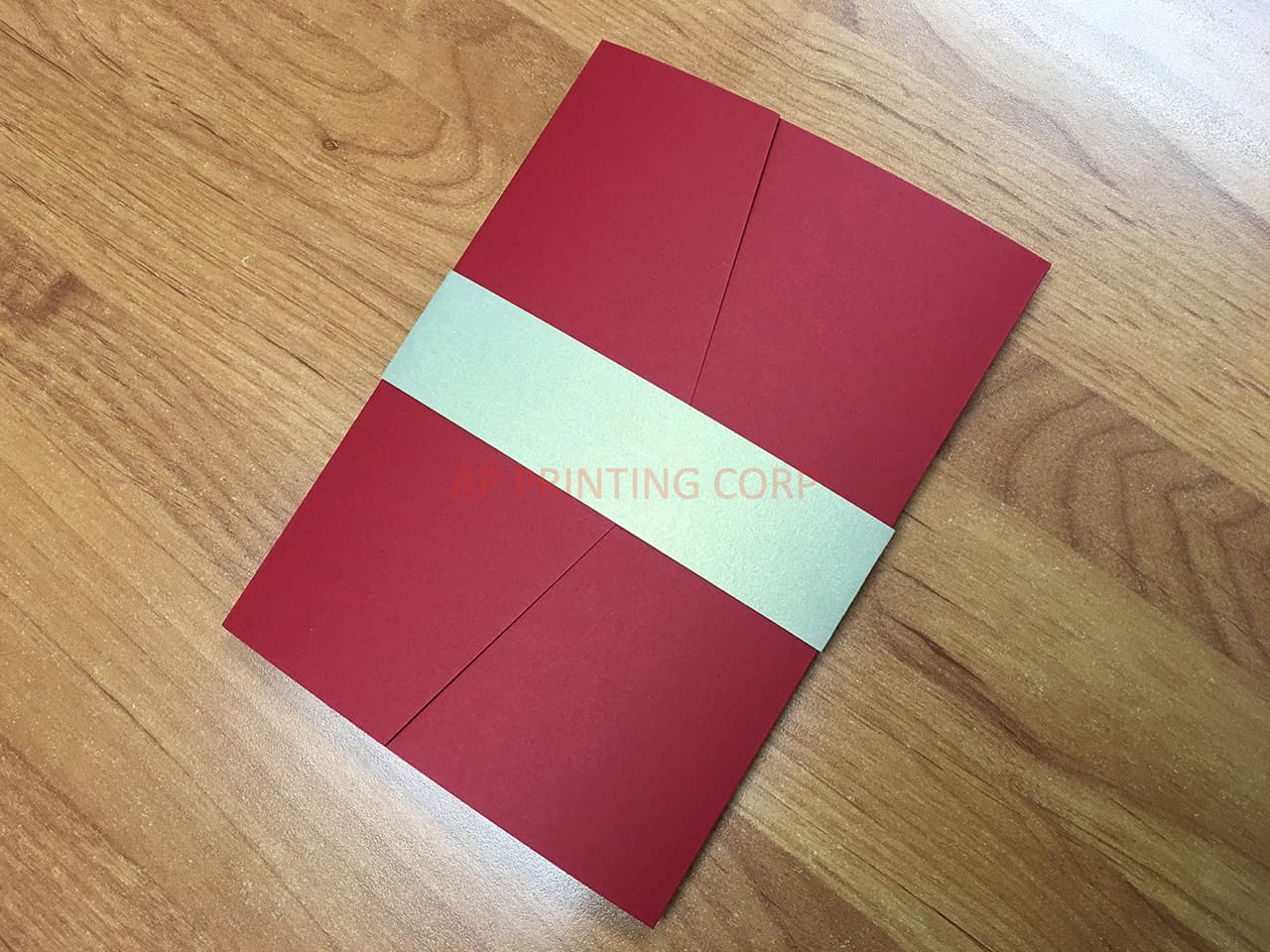 O2P-57-N-N-Band Red, Natural, Gold Leaf Bilingual Wedding Invitation