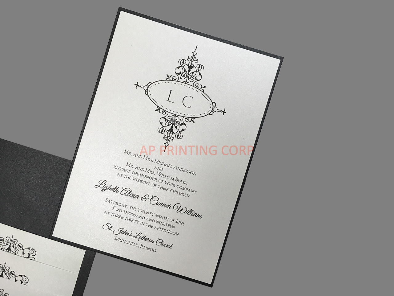 Monogram Flourish, Black Pocket, White Shimmer [CC-81] Pocket & Folder Invitation