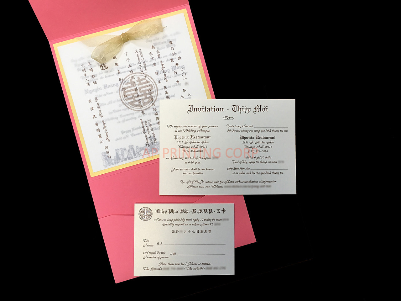 PSQ-77-NMM-2WL Overlay Coral, Gold, White Gold Bilingual Wedding Invitation
