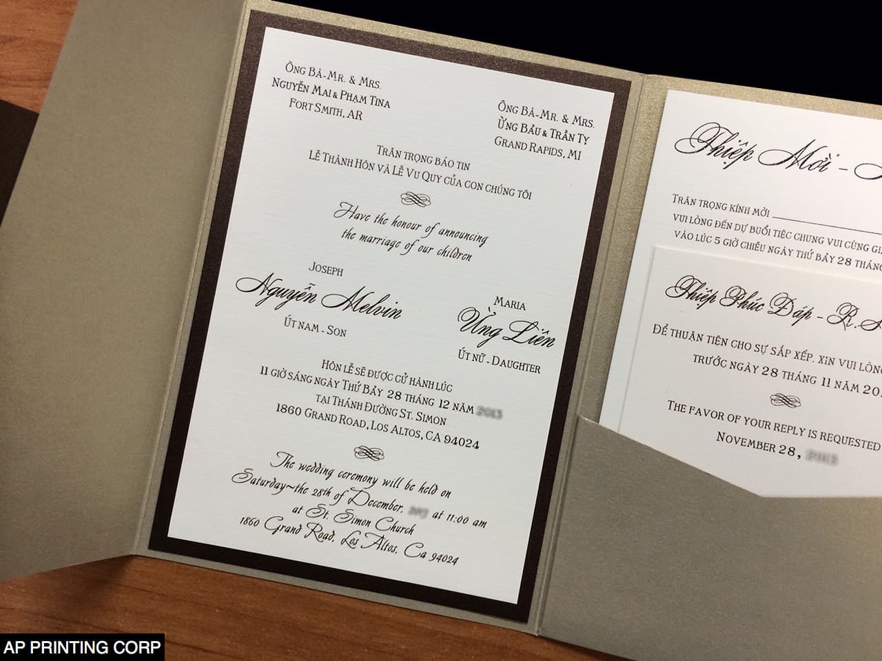 PAL-57-MMN Gold Leaf, Bronze, White Linen Pocket & Folder Invitation