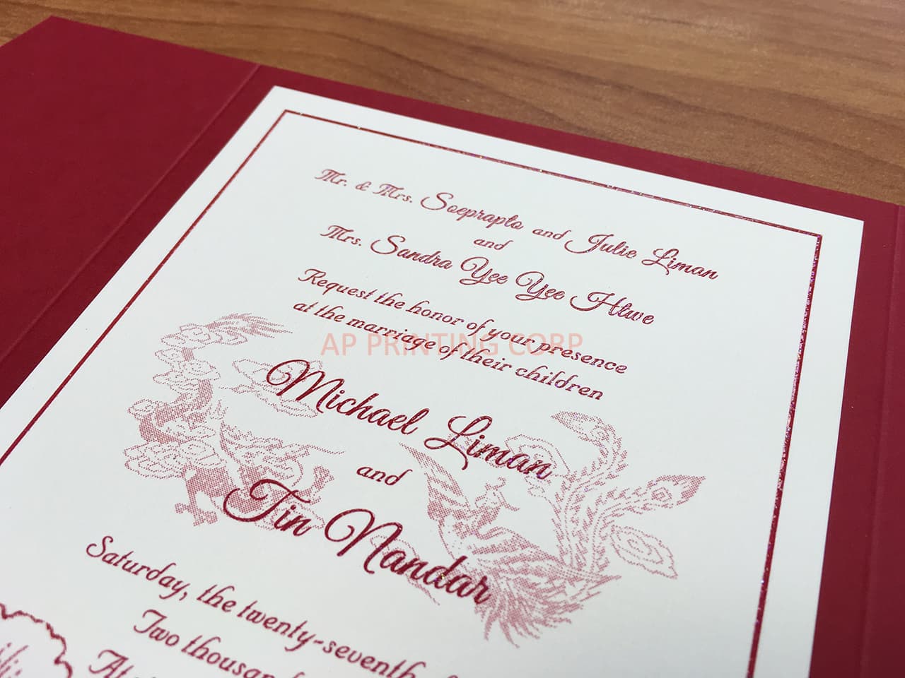O2P-57-N-N-Band Red, Natural, Gold Leaf Bilingual Wedding Invitation