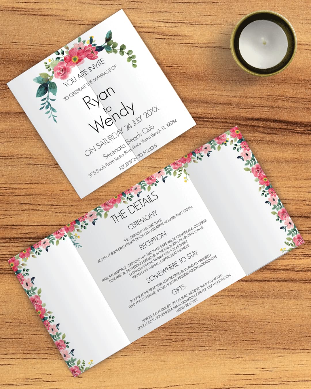 Vivid Floral Border 7x7 Gate Fold Wedding Invitation