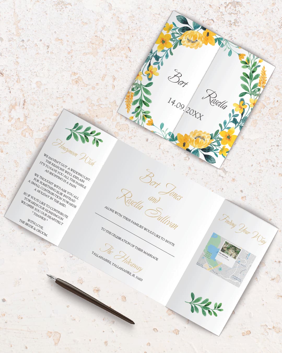 Yellow Vivid Flower 7x7 Gate Fold Wedding Invitation