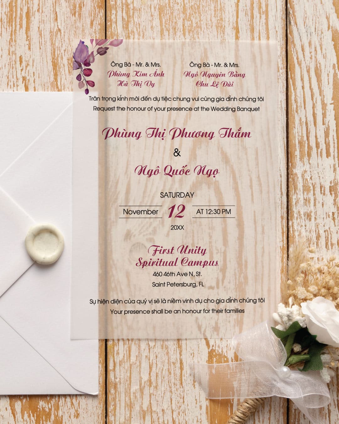 Purple Text and Leaves Vellum Wrapped Vietnamese & English Wedding Invitation