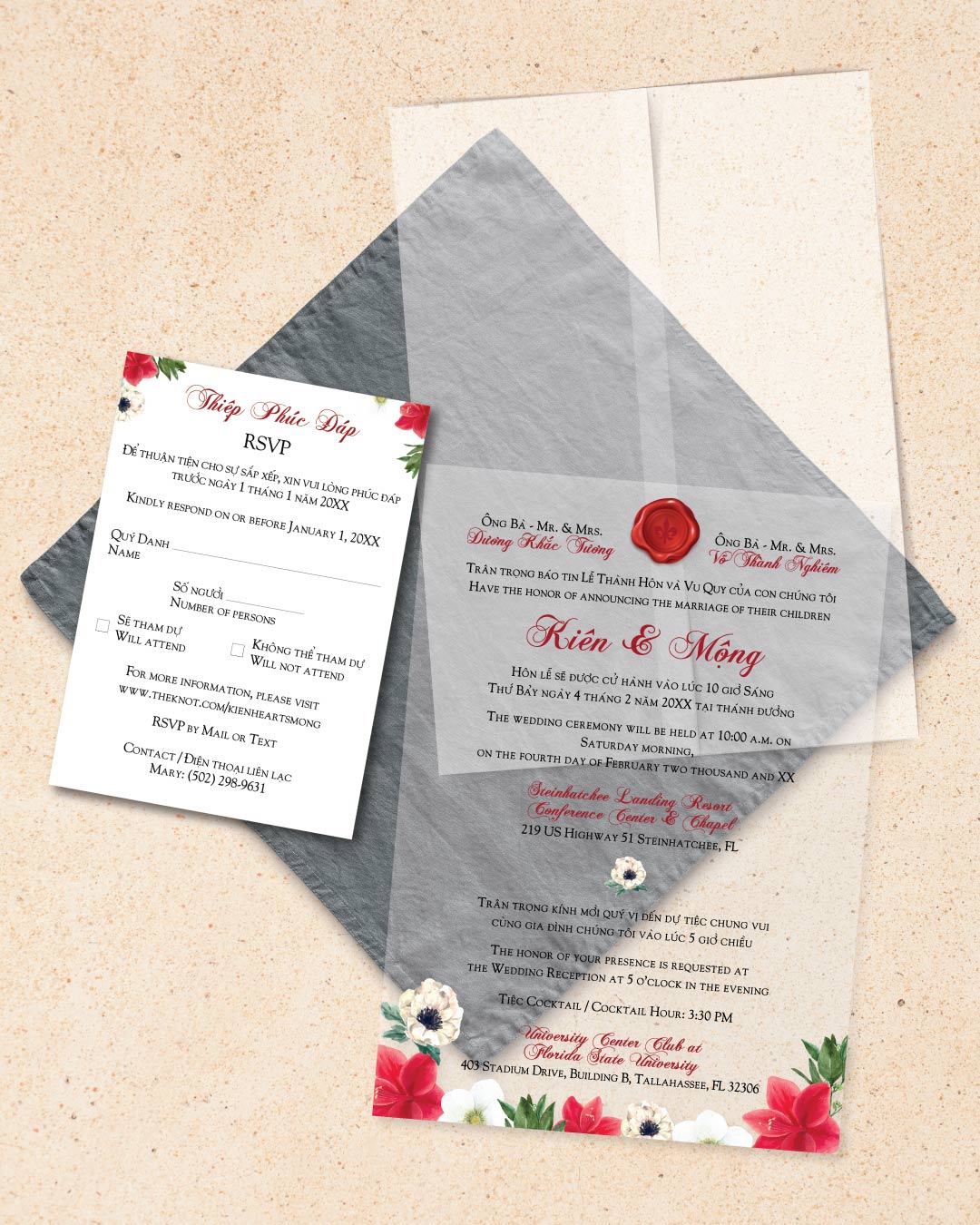 White and Red Flowers Vellum Wrapped Vietnamese & English Wedding Invitation 2