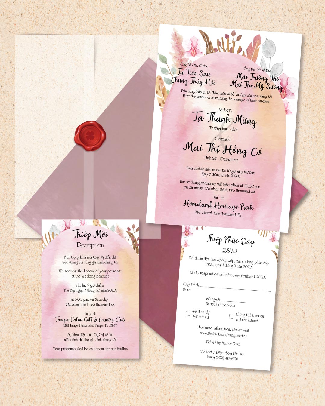 Boho Watercolor Design Vellum Wrapped Vietnamese & English Wedding Invitation 2