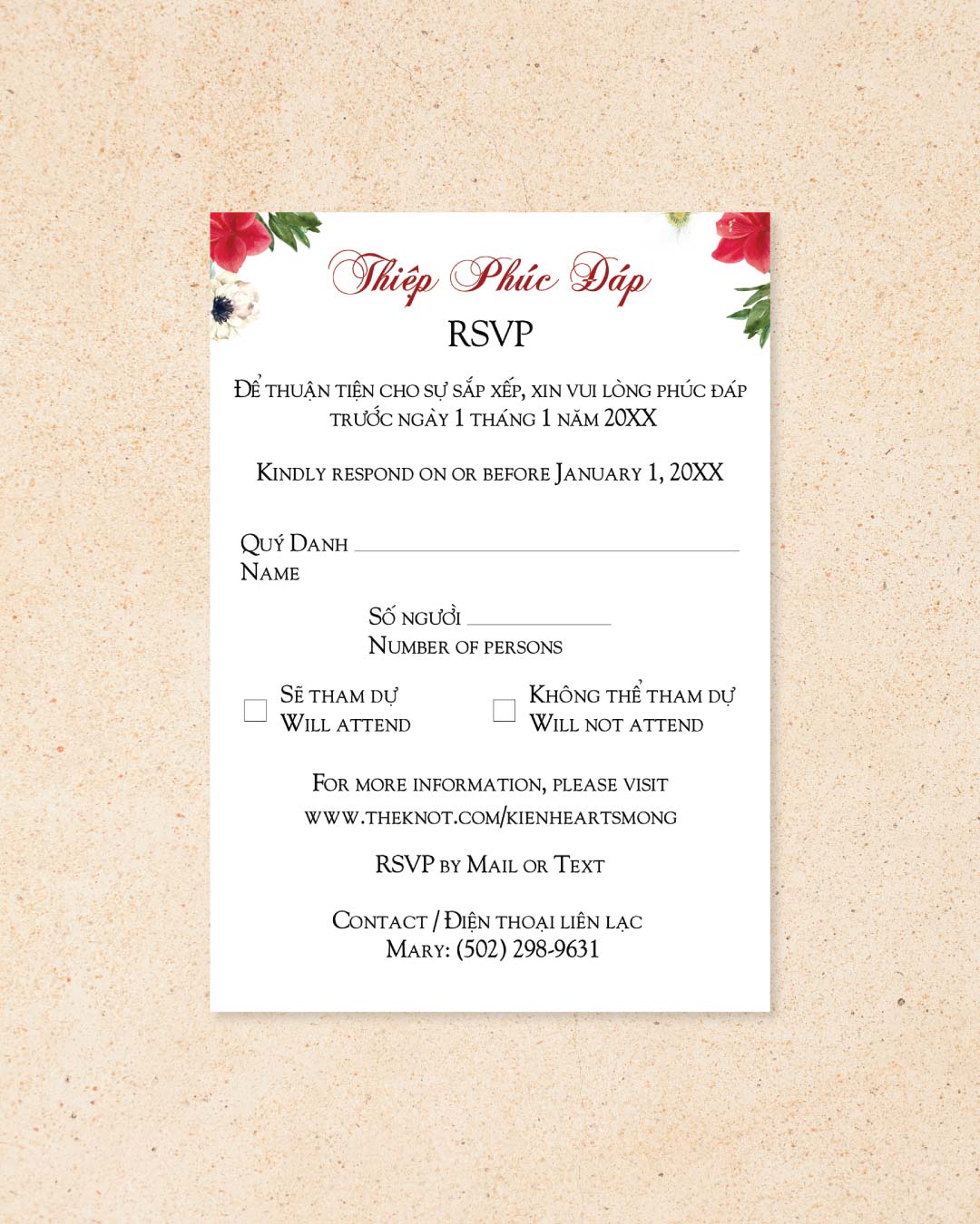 White and Red Flowers Vellum Wrapped Vietnamese & English Wedding Invitation 4