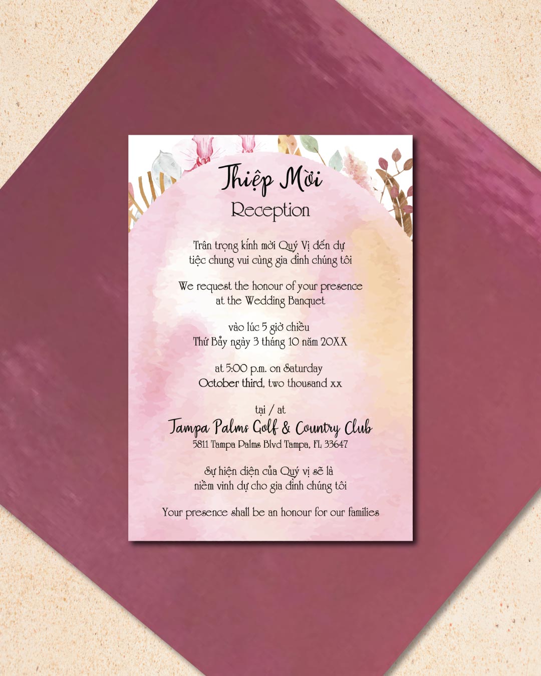 Boho Watercolor Design Vellum Wrapped Vietnamese & English Wedding Invitation 4