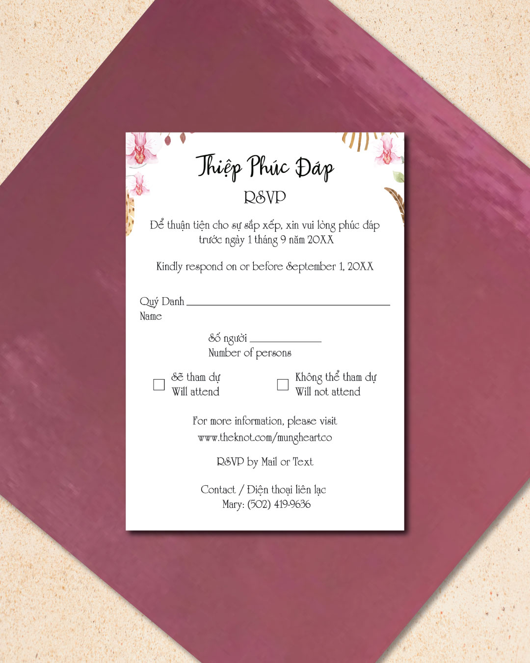 Boho Watercolor Design Vellum Wrapped Vietnamese & English Wedding Invitation 5