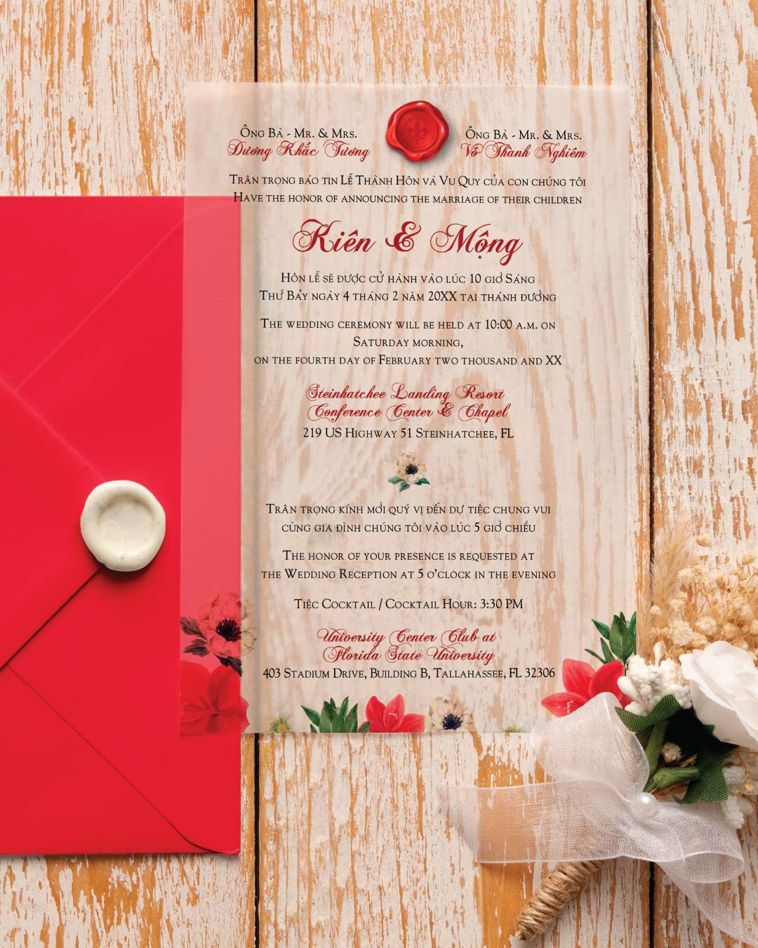White and Red Flowers Vellum Wrapped Vietnamese & English Wedding Invitation 1