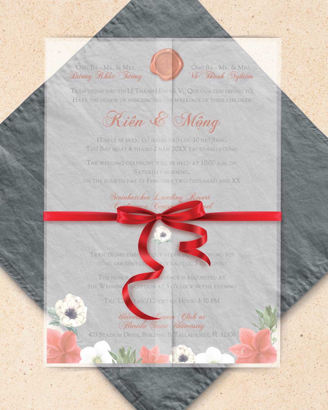 White and Red Flowers Vellum Wrapped Vietnamese & English Wedding Invitation 3