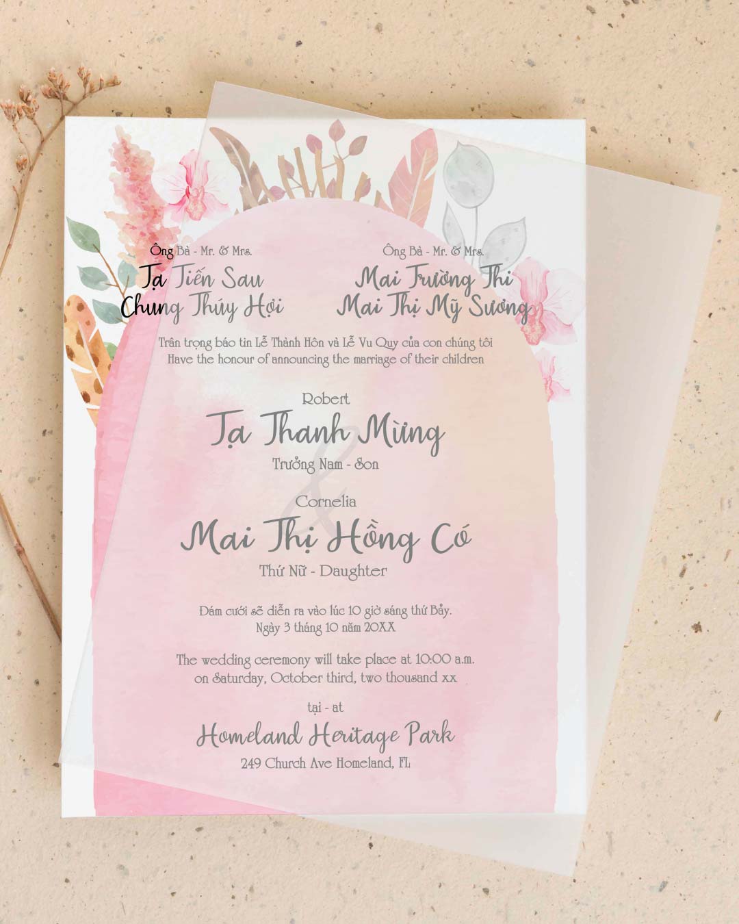 Boho Watercolor Design Vellum Wrapped Vietnamese & English Wedding Invitation 1