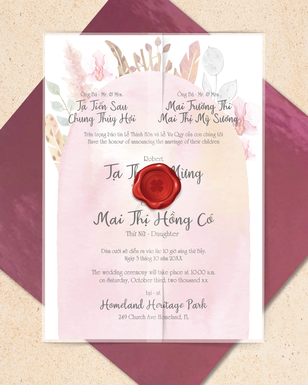 Boho Watercolor Design Vellum Wrapped Vietnamese & English Wedding Invitation 3
