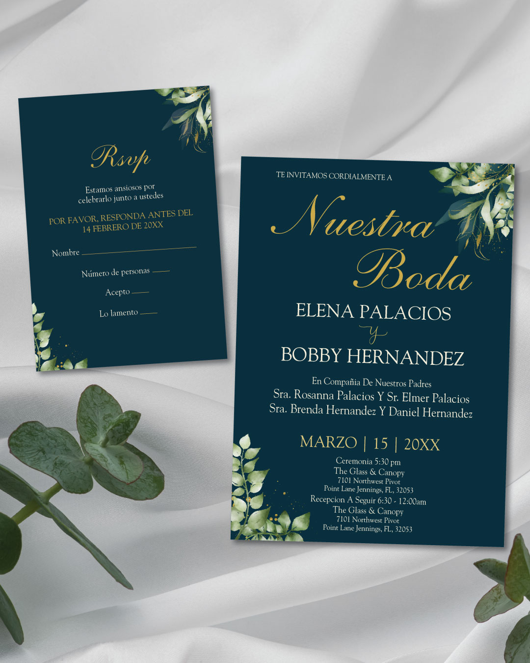 Midnight Botanical Gold Simple Flat 5x7 Wedding Invitation 1