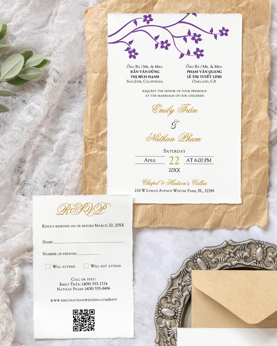 Purple Gold Love Simple Flat 5x7 Wedding Invitation 1