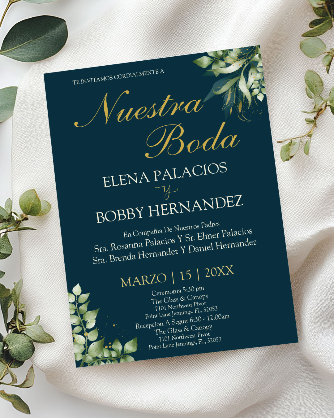 Midnight Botanical Gold Simple Flat 5x7 Wedding Invitation 2