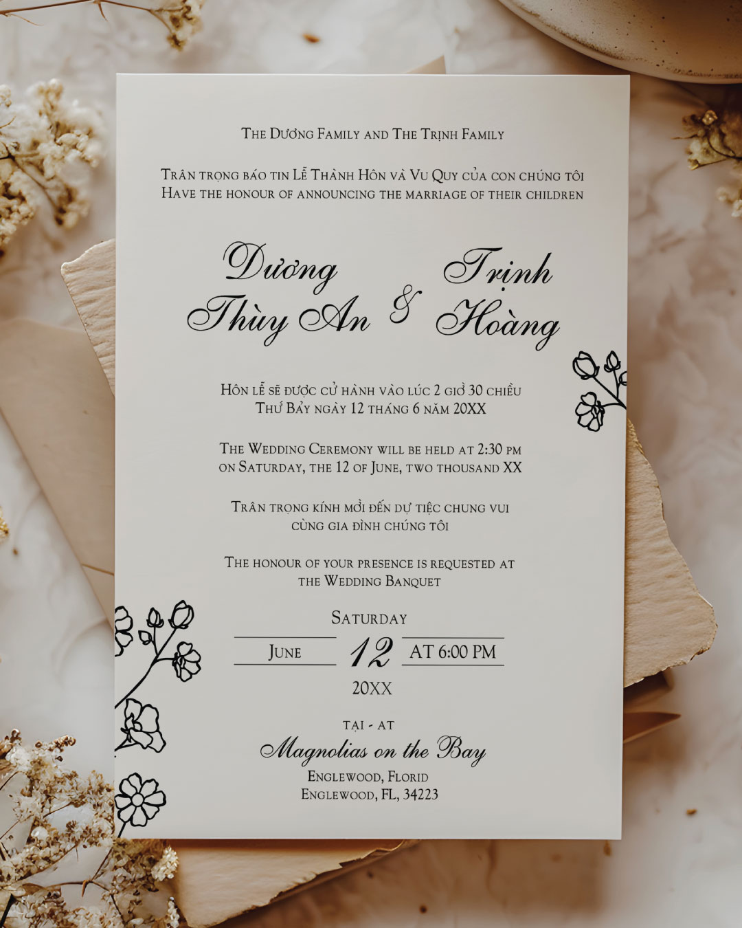 Floral Ink Elegance Simple Flat 5x7 Wedding Invitation 2