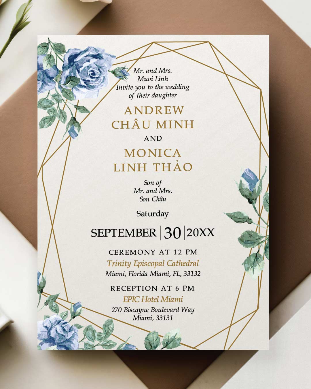 Elegant Navy Floral Simple Flat 5x7 Wedding Invitation 2