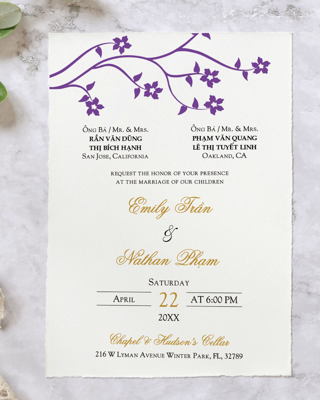 Purple Gold Love Simple Flat 5x7 Wedding Invitation 2