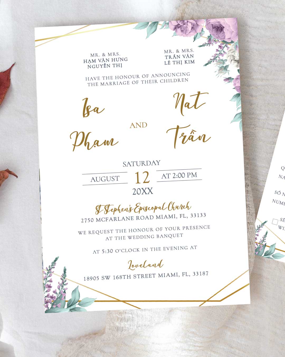Floral Harmony Simple Flat 5x7 Wedding Invitation 2